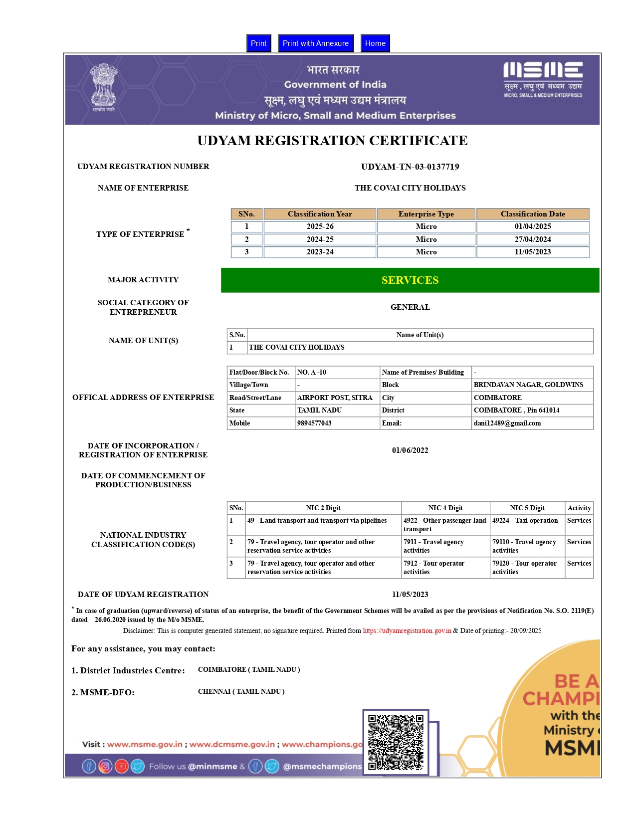 Quality and Service Certification awarded to The Covai City Holidays by the Ministry of Tourism, Government of India